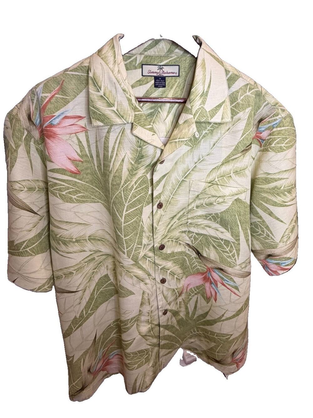 Tommy Bahama 100% Silk Shirt Medium. Tropical Bird Of Paradise Green